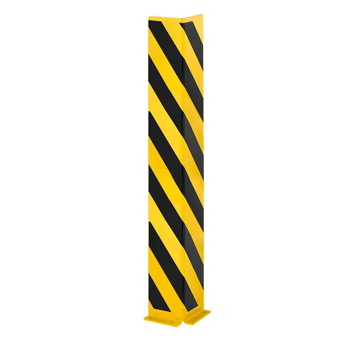 Yellow and black striped corner protector, standing on a white background.
