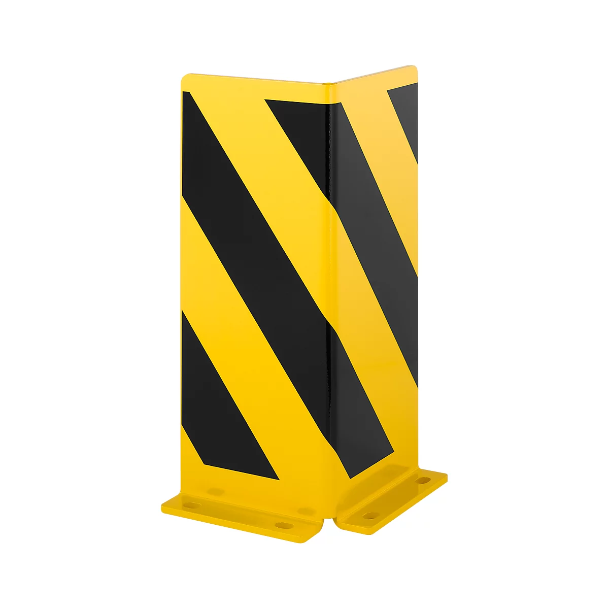 Yellow metal corner protector with diagonal black stripes. Feet at the bottom for fixing.