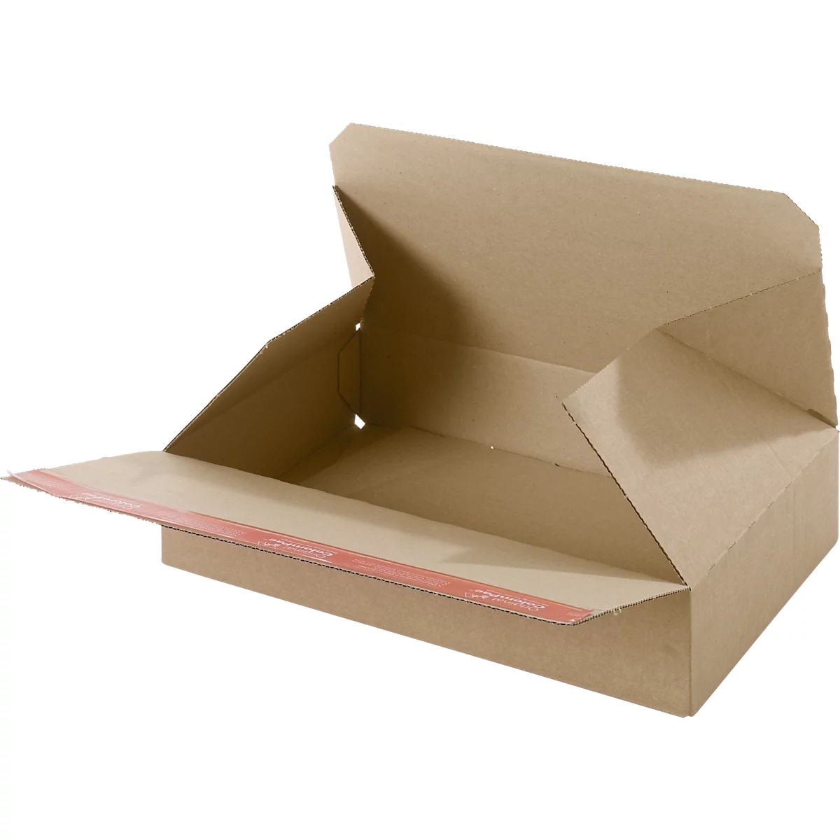 Offener Pappkarton. Braune Pappe, mit rotem Klebeband. Die Klappe ist geöffnet.