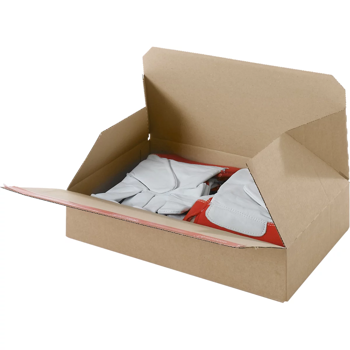 Offene braune Kartonbox mit weissen Arbeitshandschuhen und roten Applikationen.