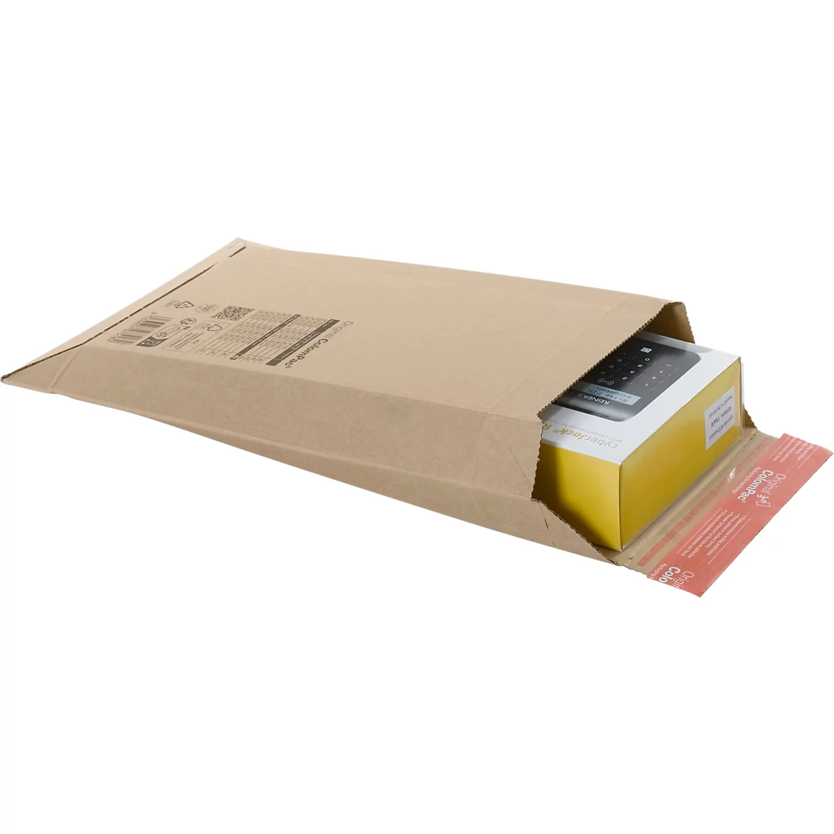 Geöffnete Versandtasche aus Pappe, gefüllt mit Zeitschriften. Roter Klebestreifen mit Schriftzug.