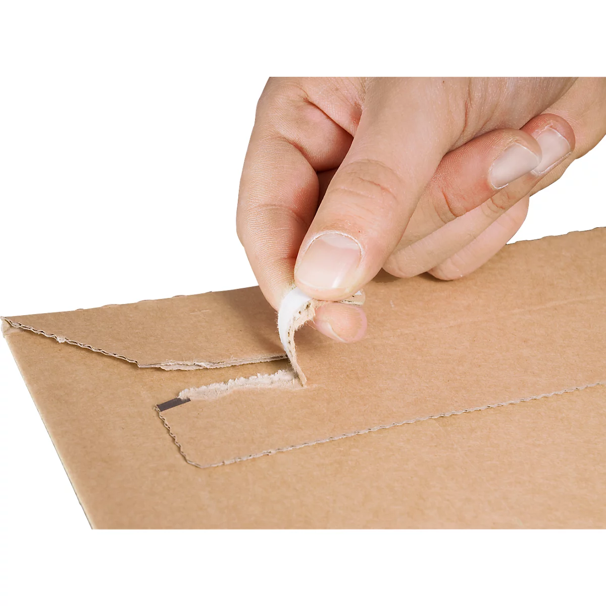 A hand is opening a brown envelope, with a white strip at the opening.