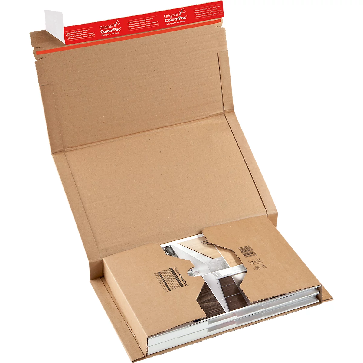 Opened cardboard box with product. Red strip at the top with the lettering 'Original ColomPac'. White packaging inside.