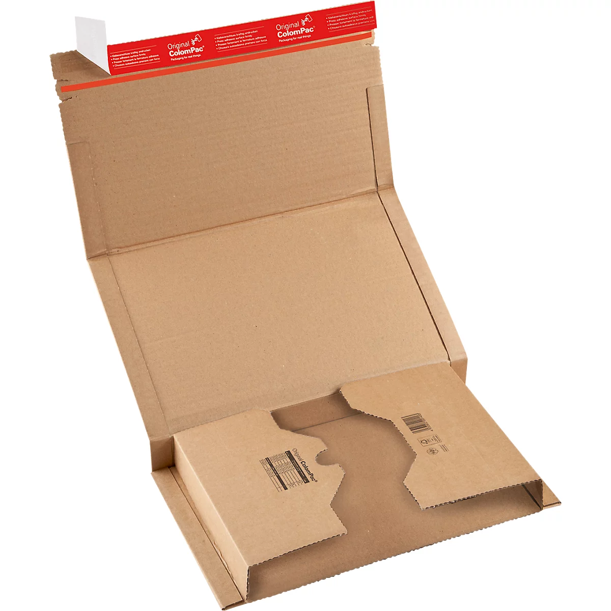 Opened cardboard shipping packaging. Top red and white printed stripe with company logo. Internal cardboard form.