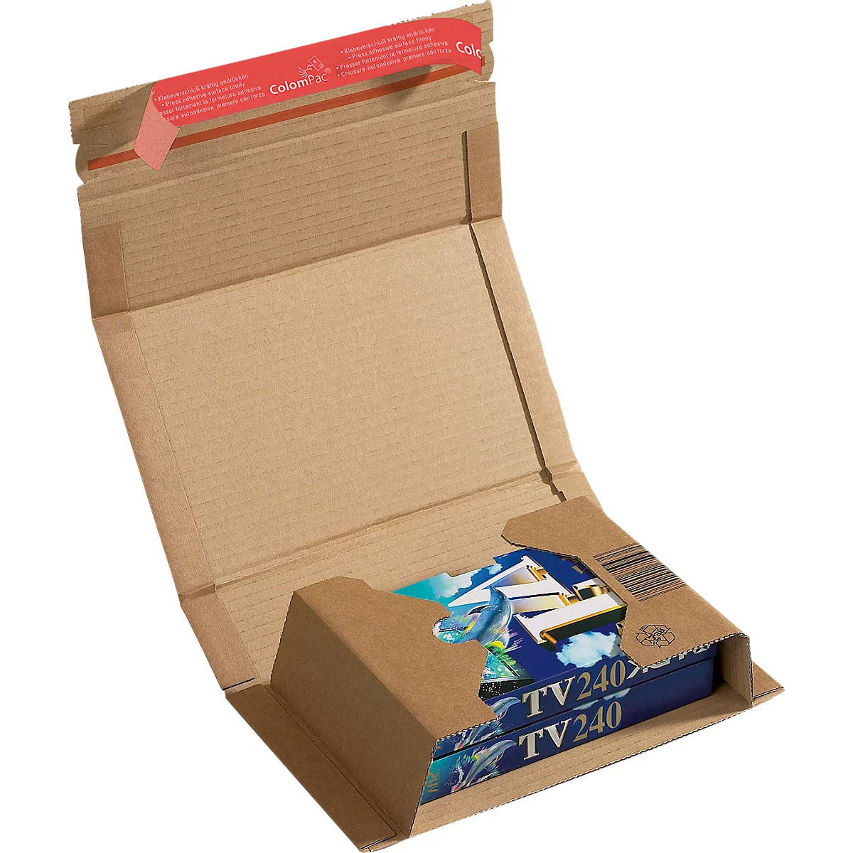 Opened cardboard packaging with products; red labeled strip at the top. Print 'TV240'.