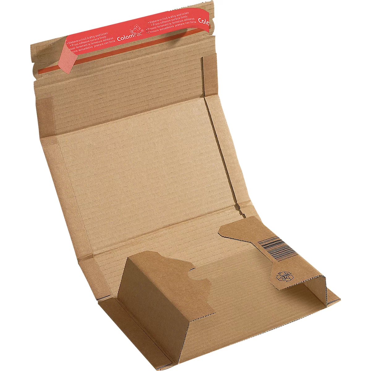 Opened, brown cardboard packaging with red tape and barcode.