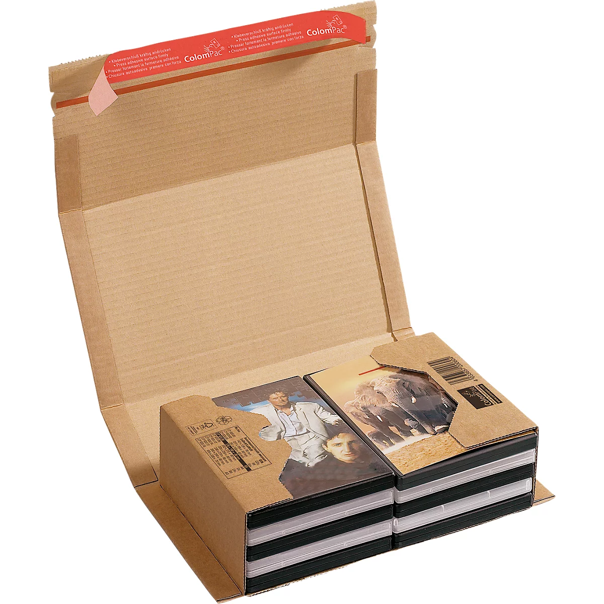 Open cardboard box with books, printed. Red adhesive strip on top, inside stacks of books with pictures.