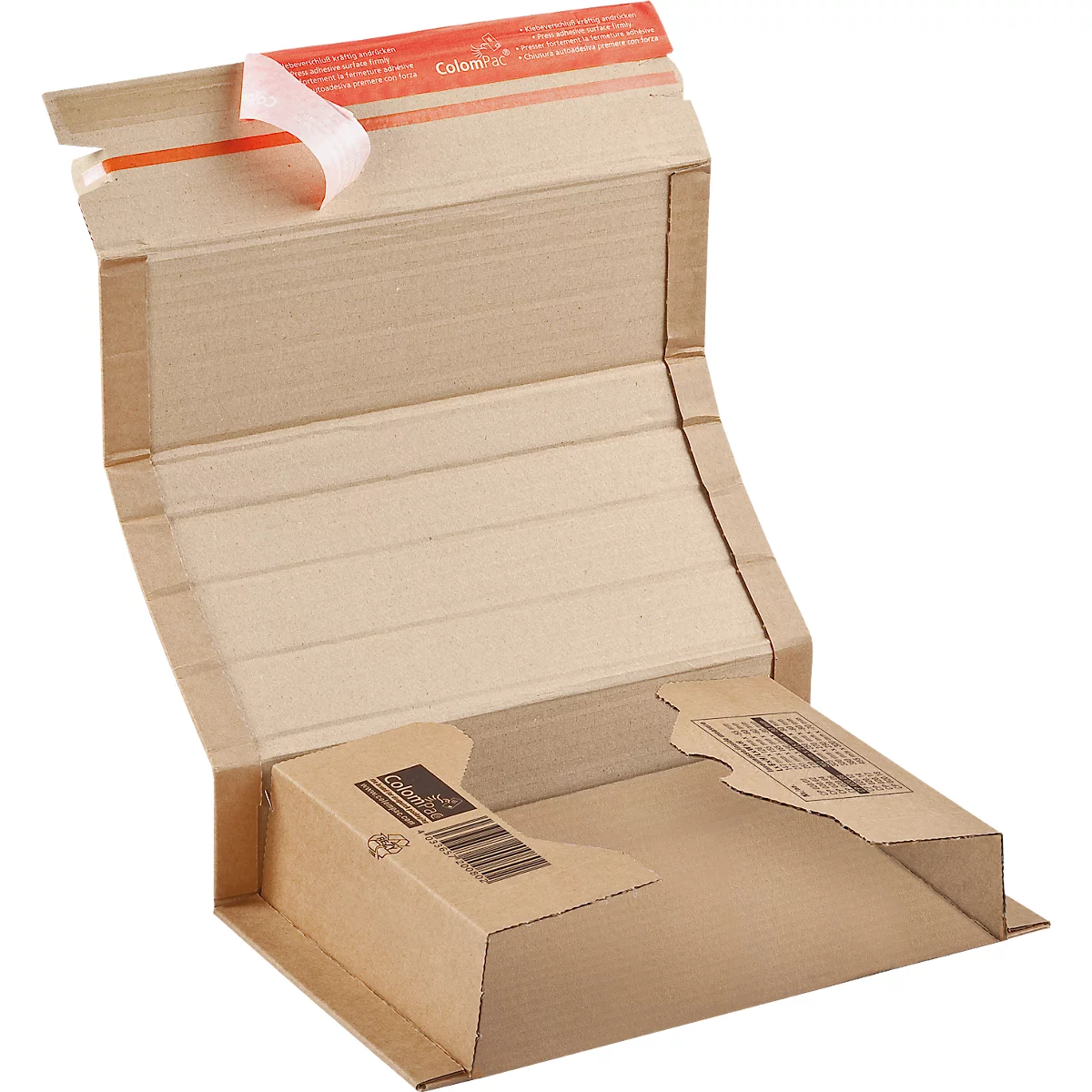 Opened brown packaging with company logo. Part of the packaging is sealed with a red tape.