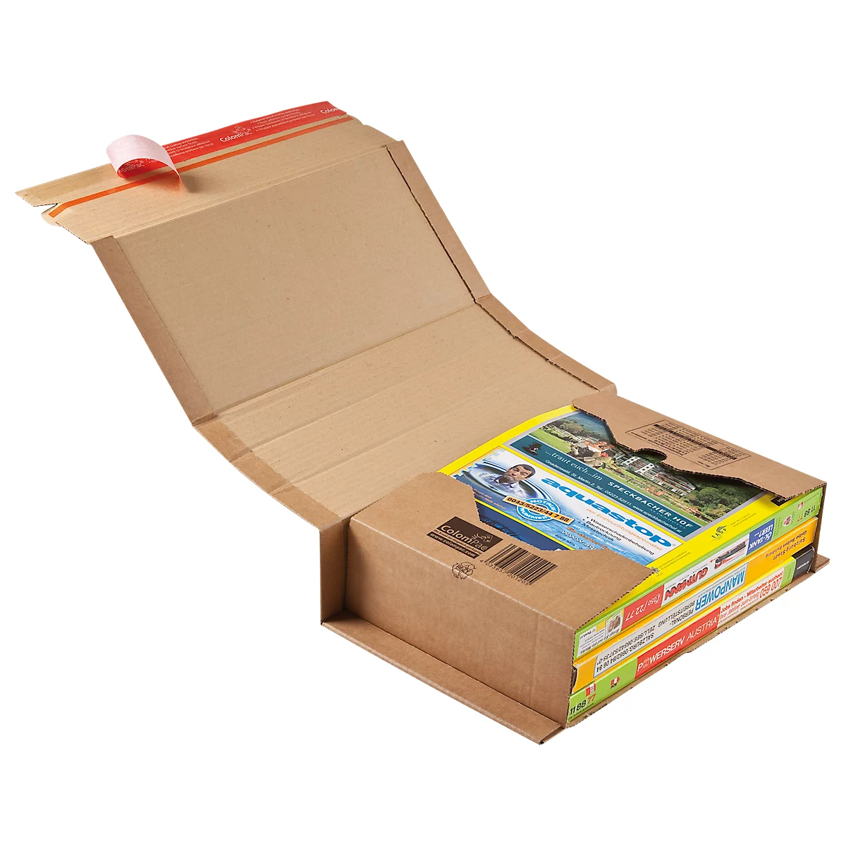 Opened brown shipping box with stacked books. A red adhesive strip is attached at the top.