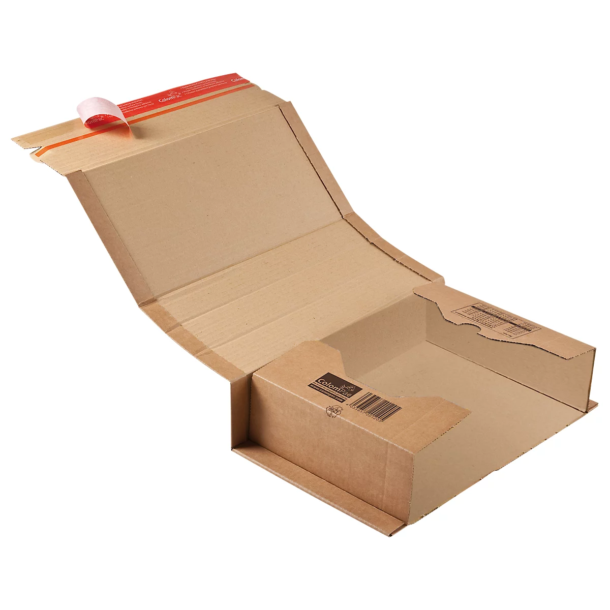 Opened brown shipping box with red tape at the closure, barcode visible.