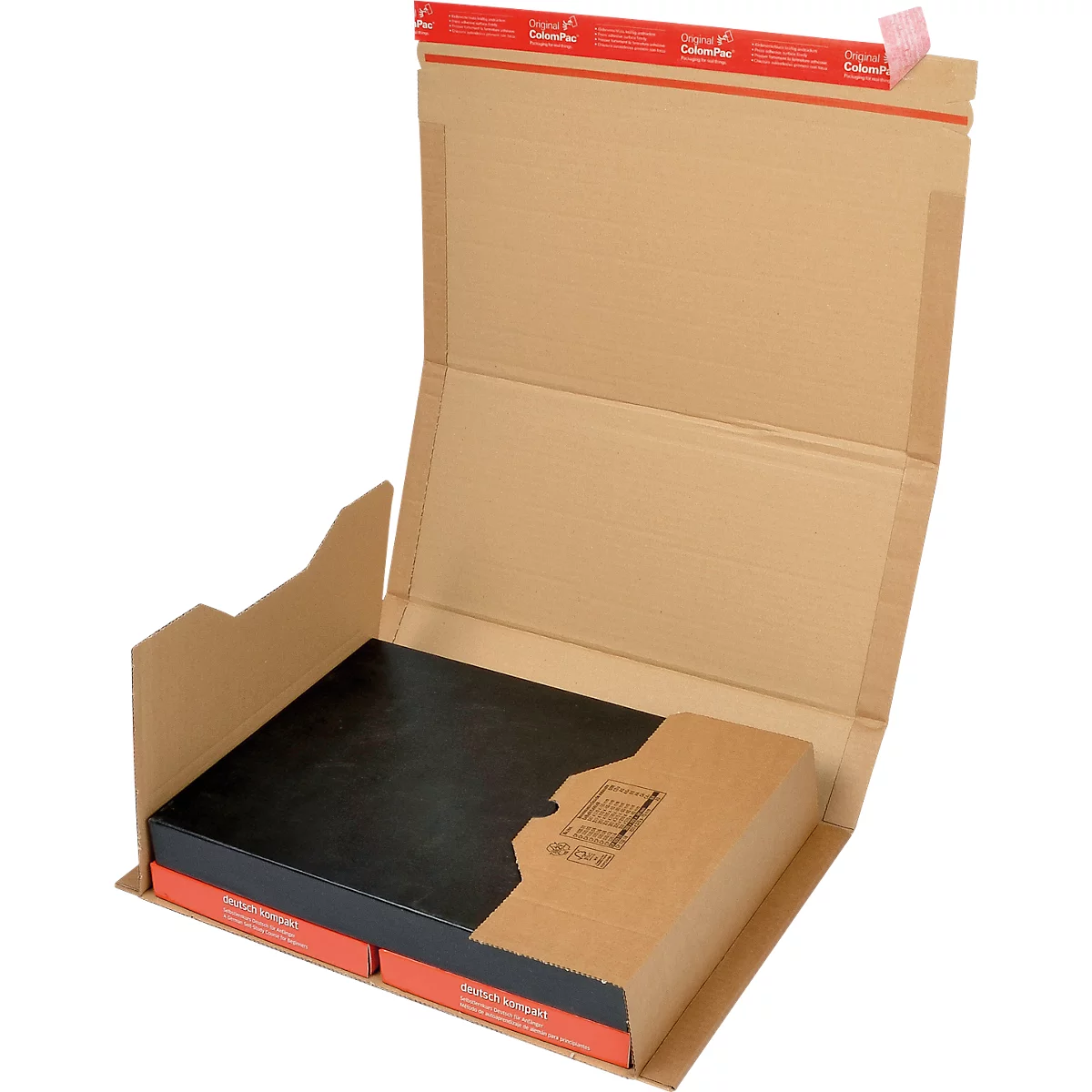 Open cardboard packaging with black content and red band. Part of the packaging is open.