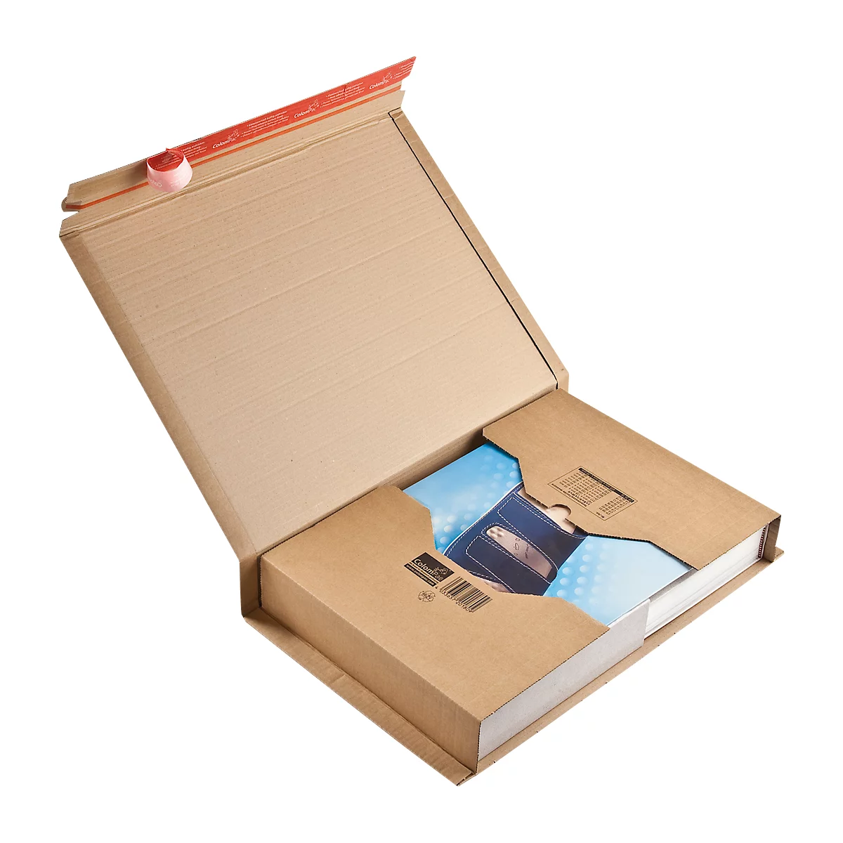 Opened brown shipping box with contents. A book is partially visible, showing an image of a bag.