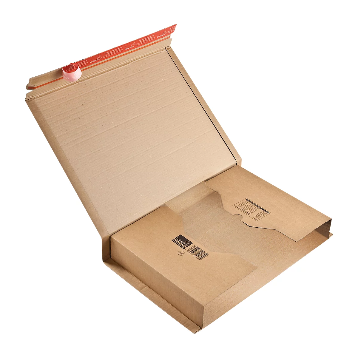 Opened shipping box made of brown cardboard. Inside is a smaller box. Stickers and barcodes are visible.