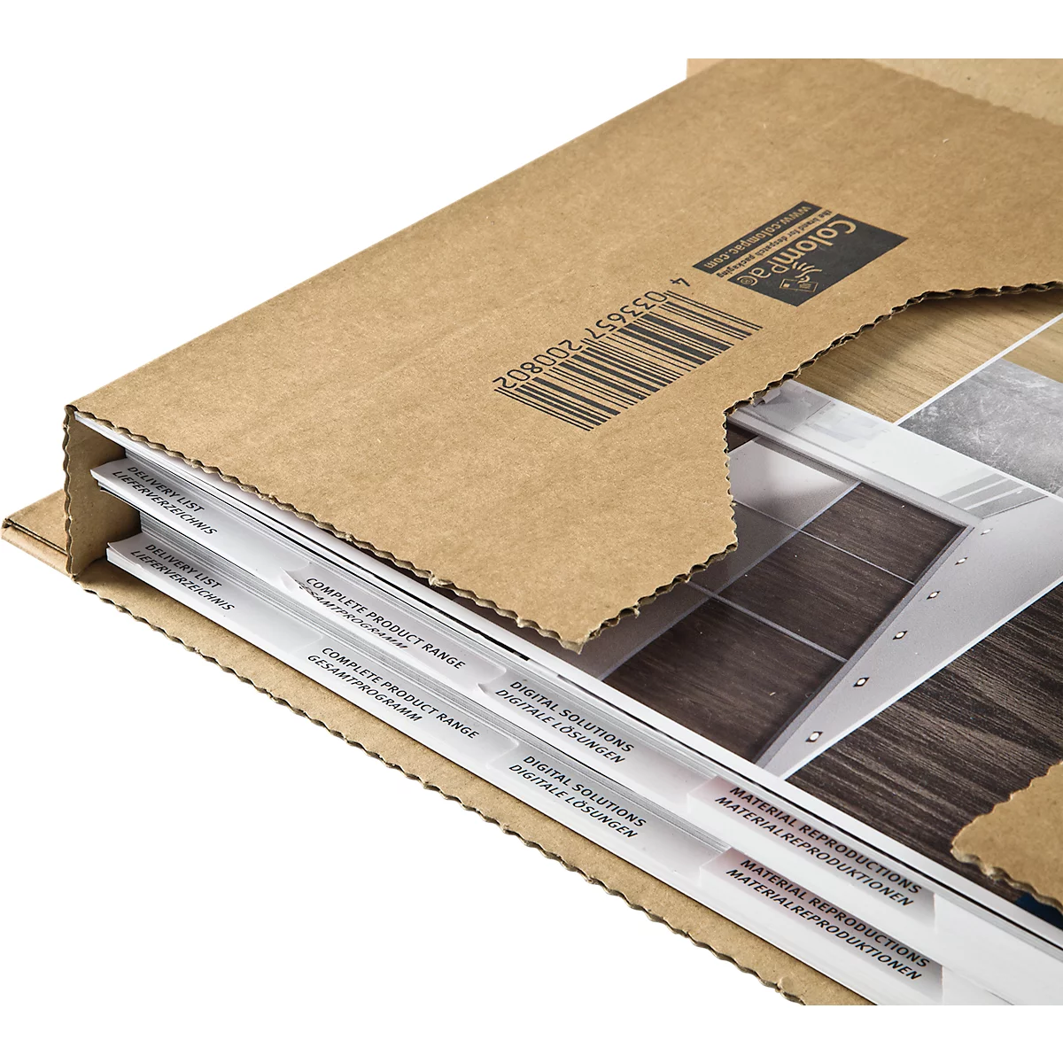 Open cardboard box with brochures, parquet samples visible.
