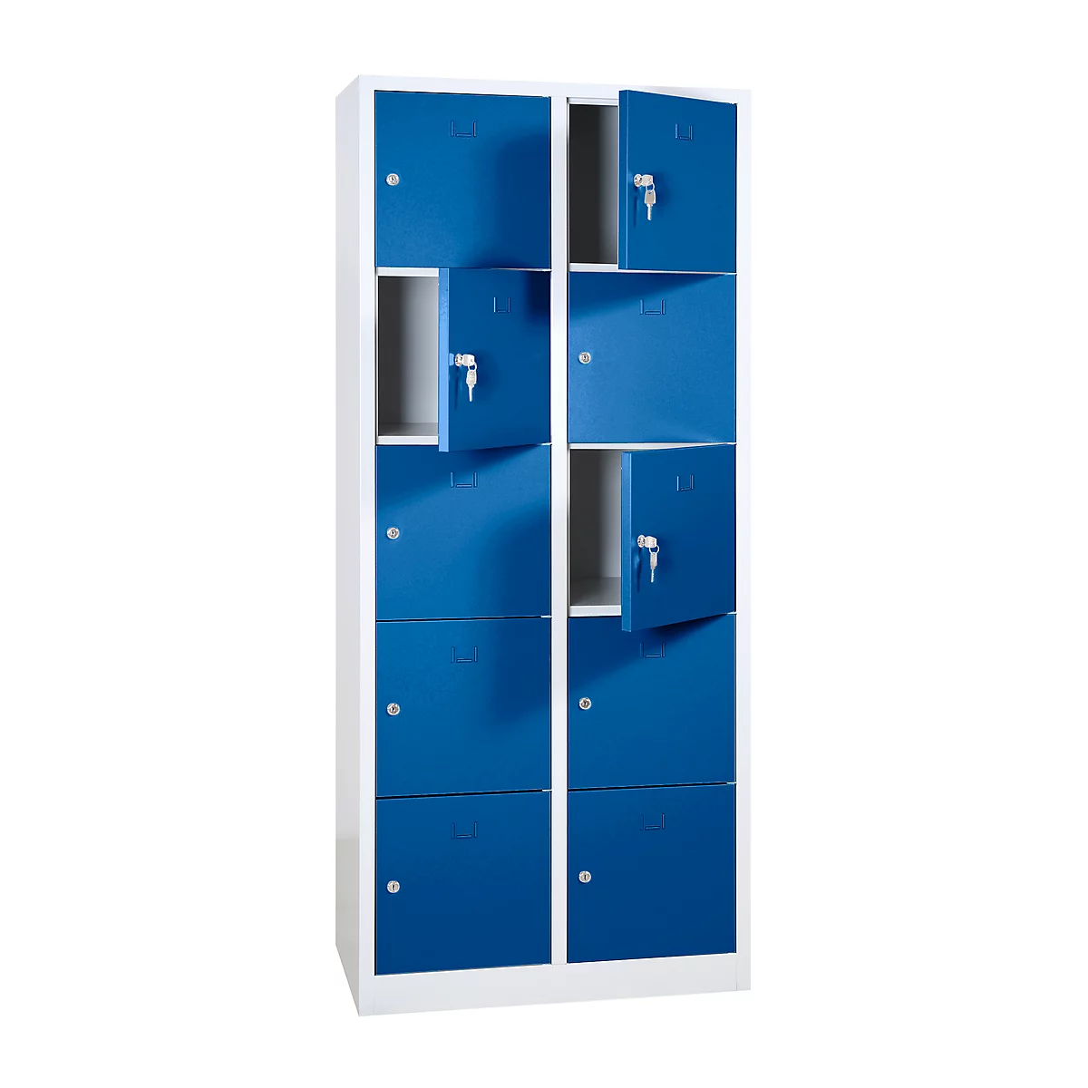 Un casier bleu avec huit portes, dont certaines sont ouvertes. Les portes sont bleues, le cadre blanc.
