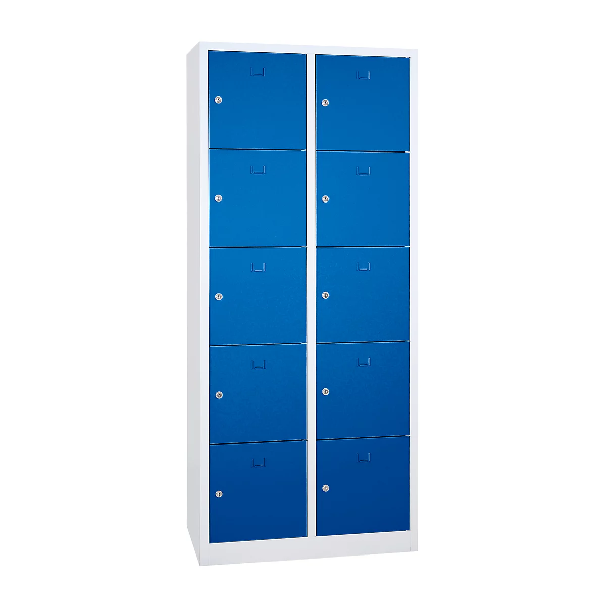 Armoire à huit portes bleues, bordures blanches métalliques.