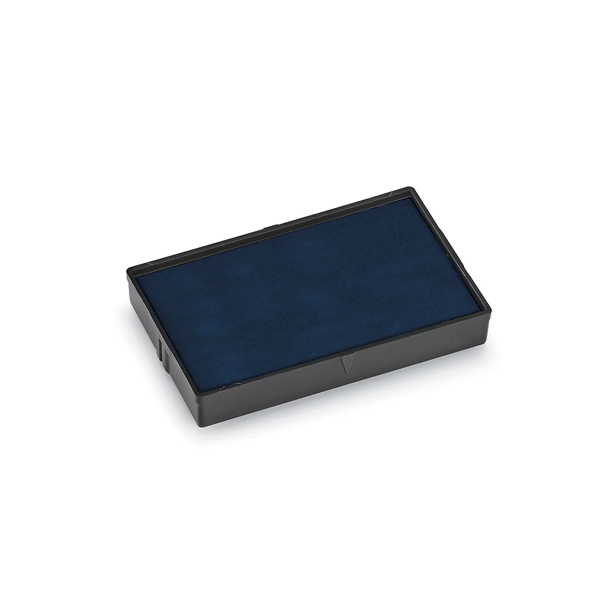 Tampon encreur rectangulaire noir avec feutre bleu sur fond blanc.