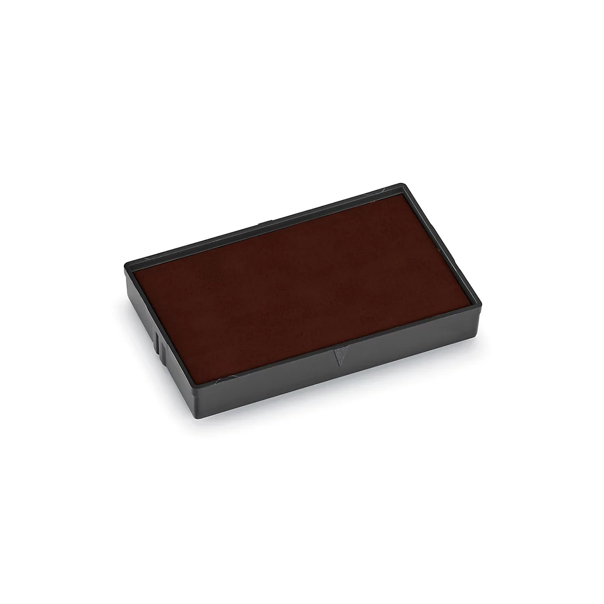 Tampon encreur marron dans un boîtier noir sur fond blanc.