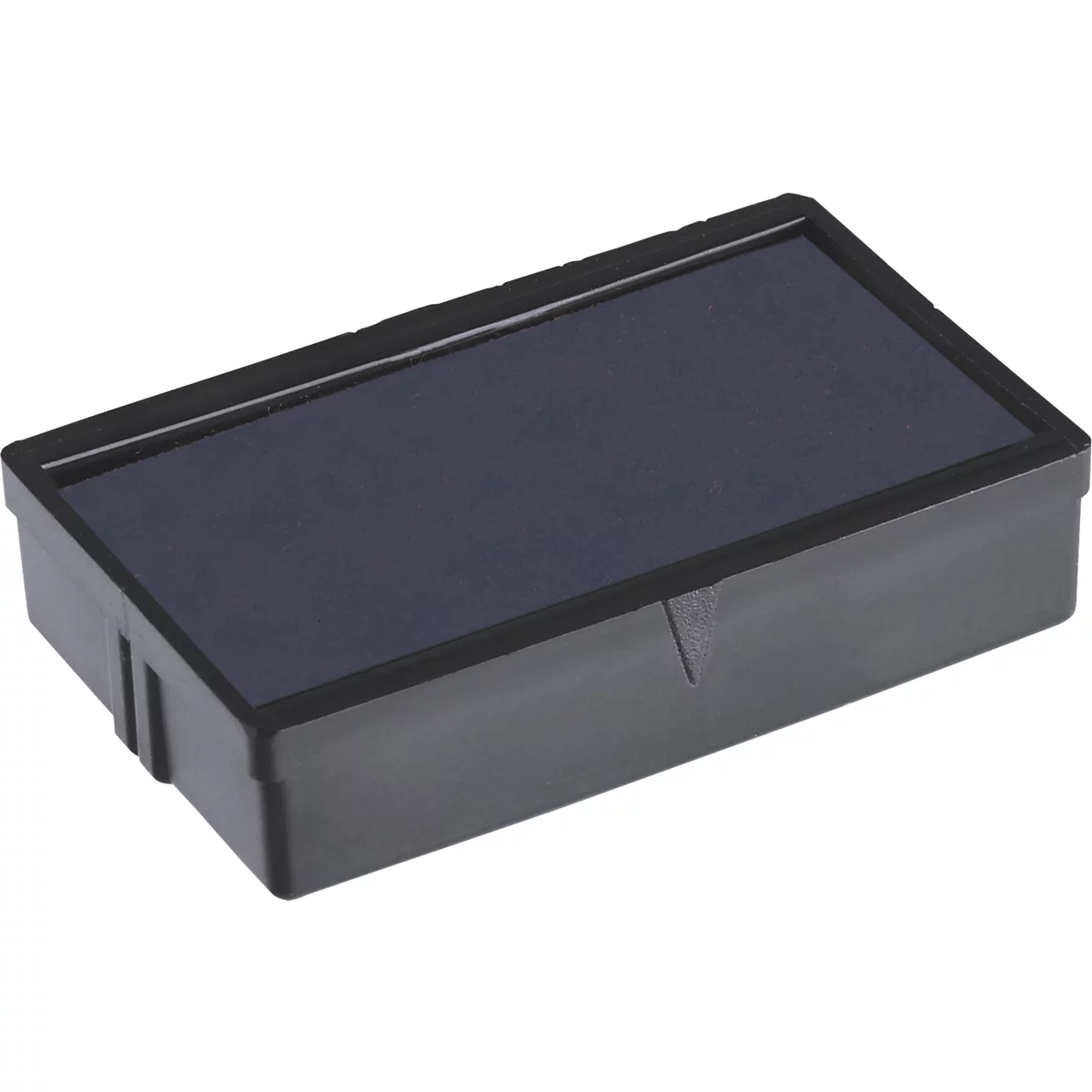 Boîtier de timbre rectangulaire noir avec un tampon encreur bleu.