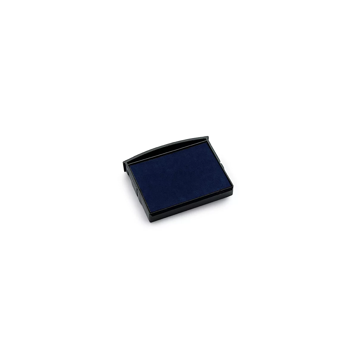 Tampon encreur bleu dans un boîtier noir, légèrement incliné d'en haut.