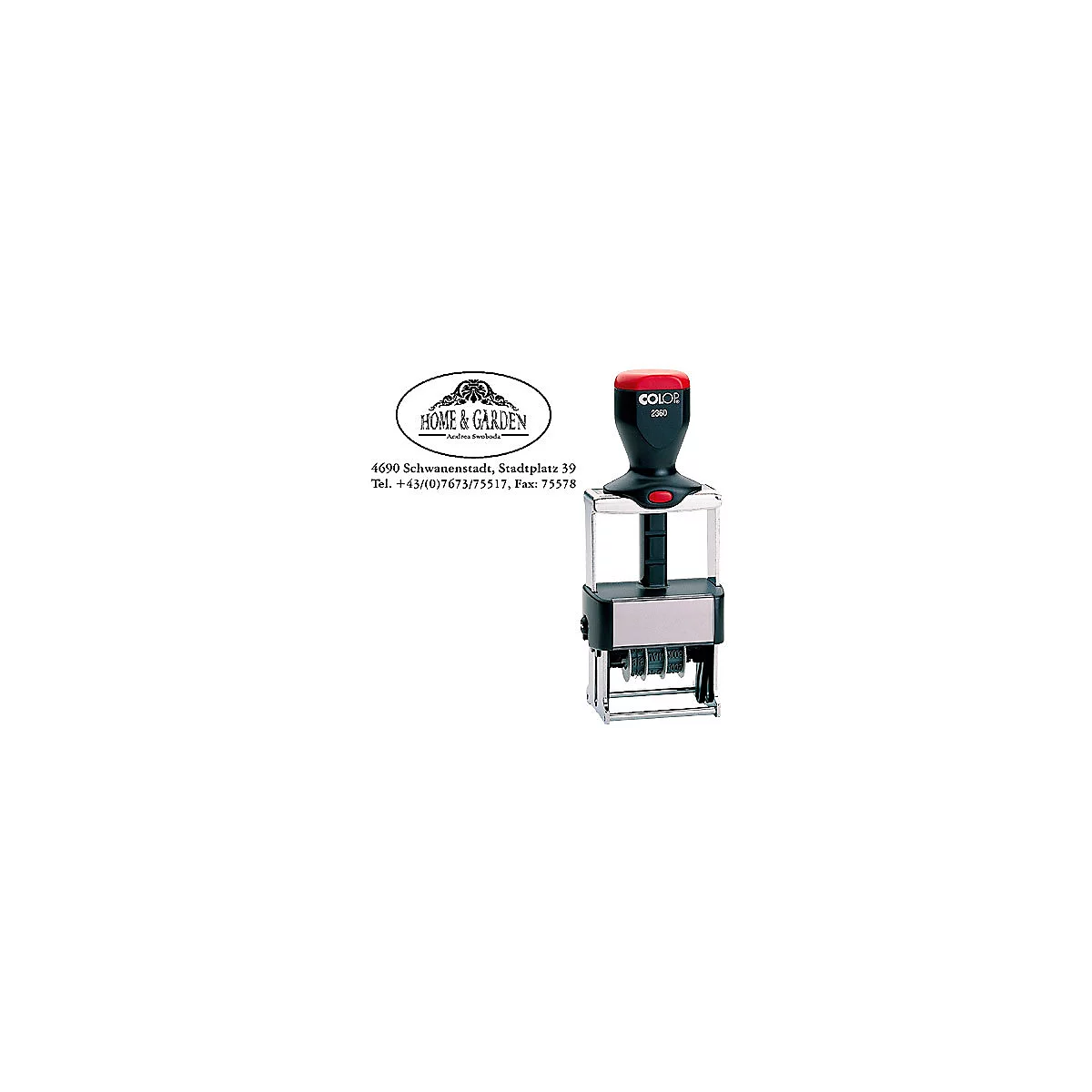 Ein Stempel mit rotem Griff und dem Schriftzug HOME & GARDEN.