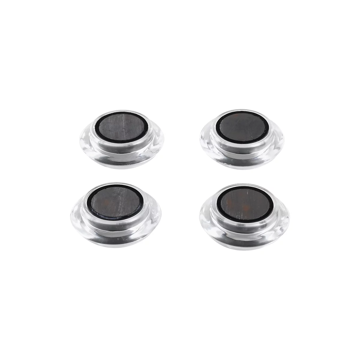 Four round, transparent magnets with dark center, on white background.