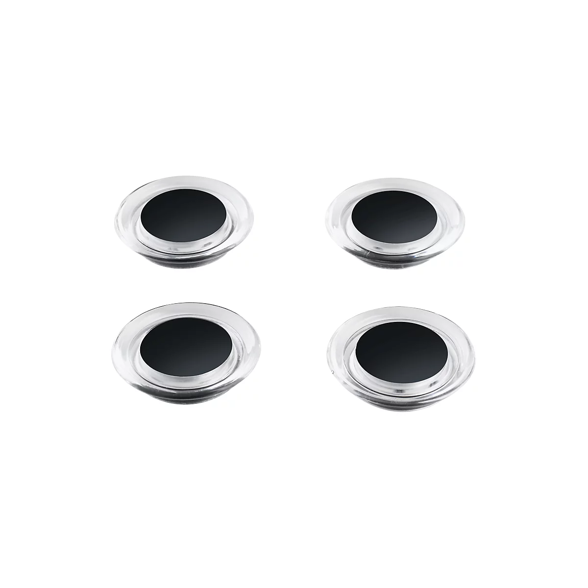 Four round, metallic-shiny objects with a black, round center on a white background.
