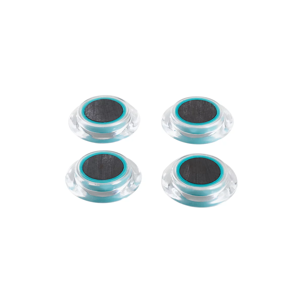 Four small, transparent devices with dark gray circles and turquoise blue edges on a white background.