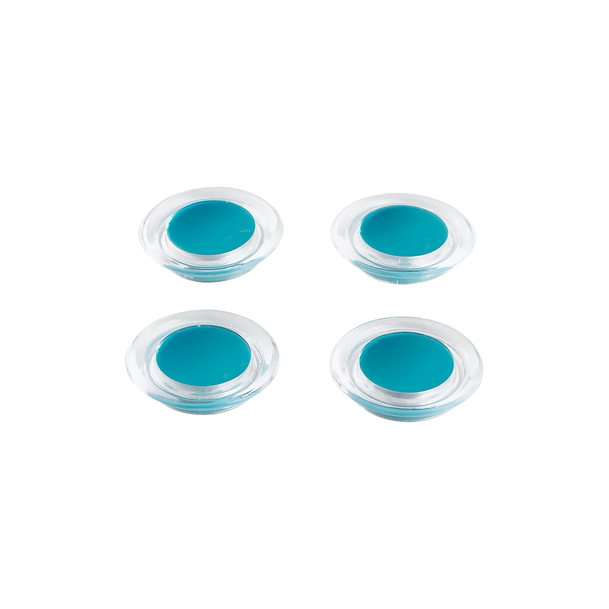 Four transparent suction cups with blue centers, against a white background.