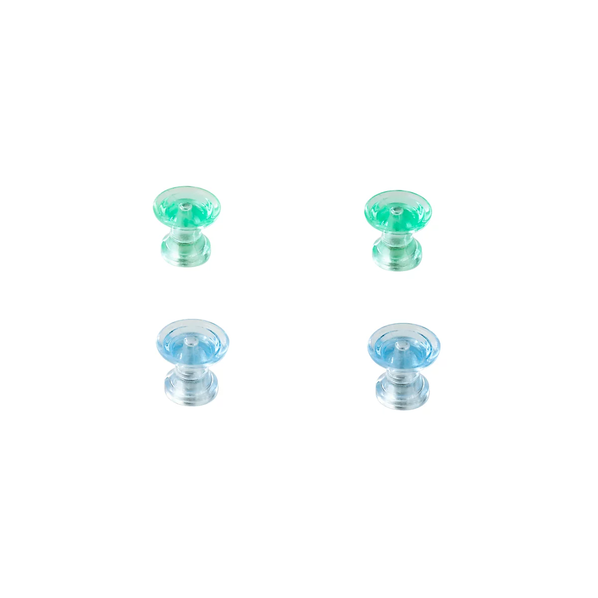 Four transparent knobs, two green and two blue, on a white background. They have a mushroom shape.