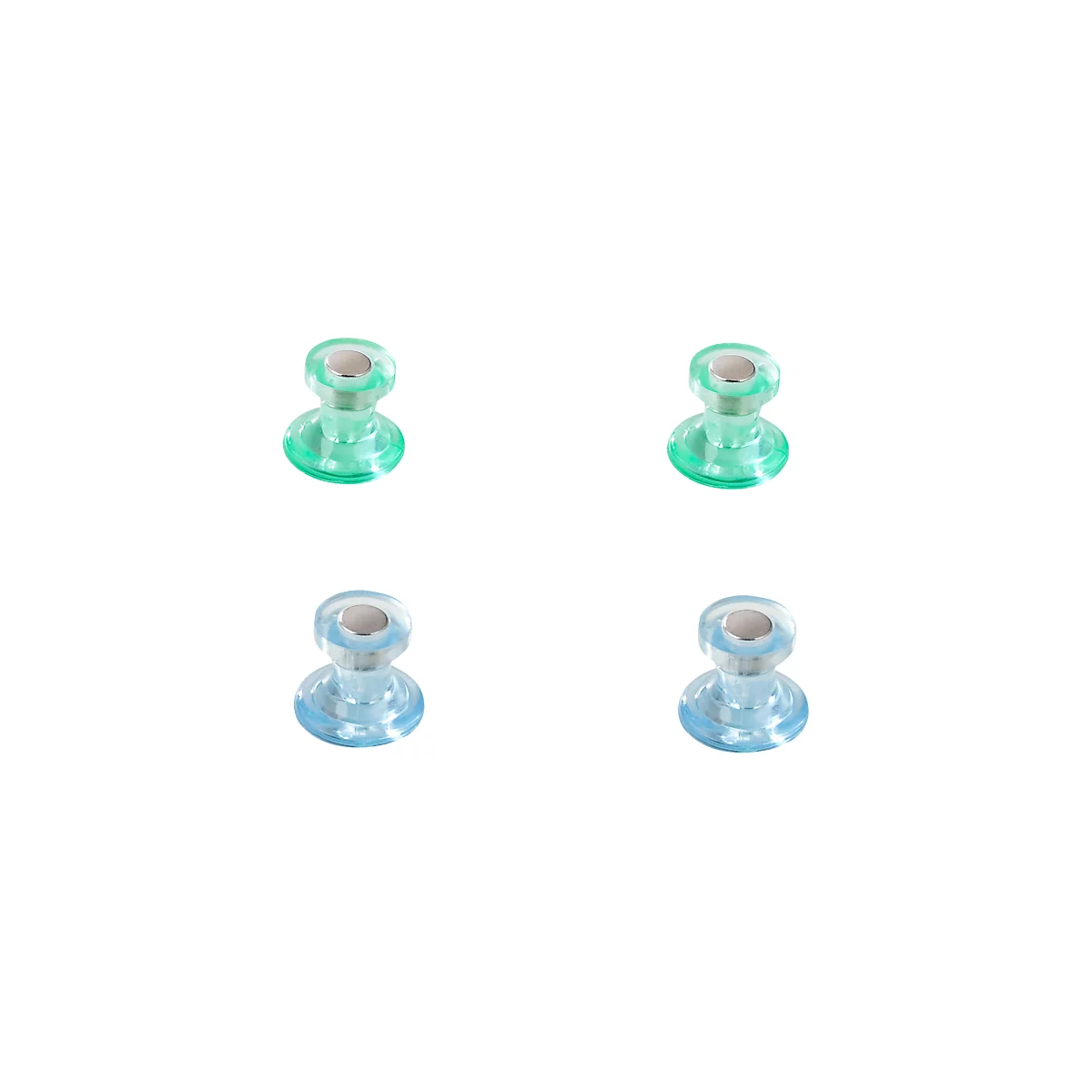 Four transparent, round magnets in green and blue. Each magnet has a silver center. They are depicted on a white background.