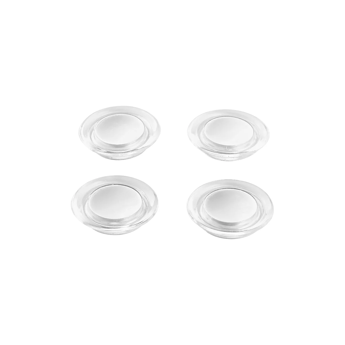 Four transparent, round furniture glides with white insert on a white background.