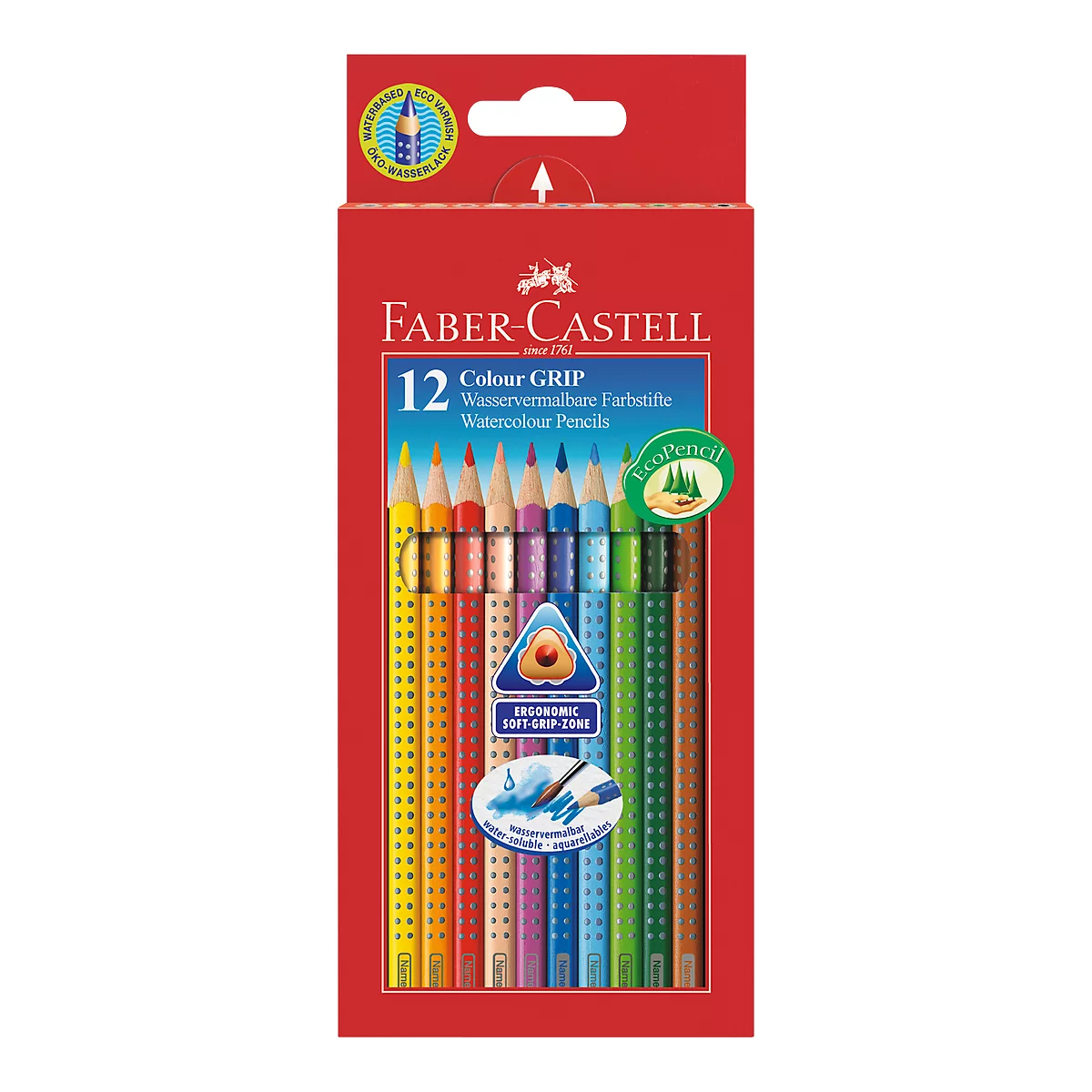 Colored pencils in a red framed box. Colored pencils are visible, text: Faber-Castell, Colour Grip, EcoPencil, watercolor.