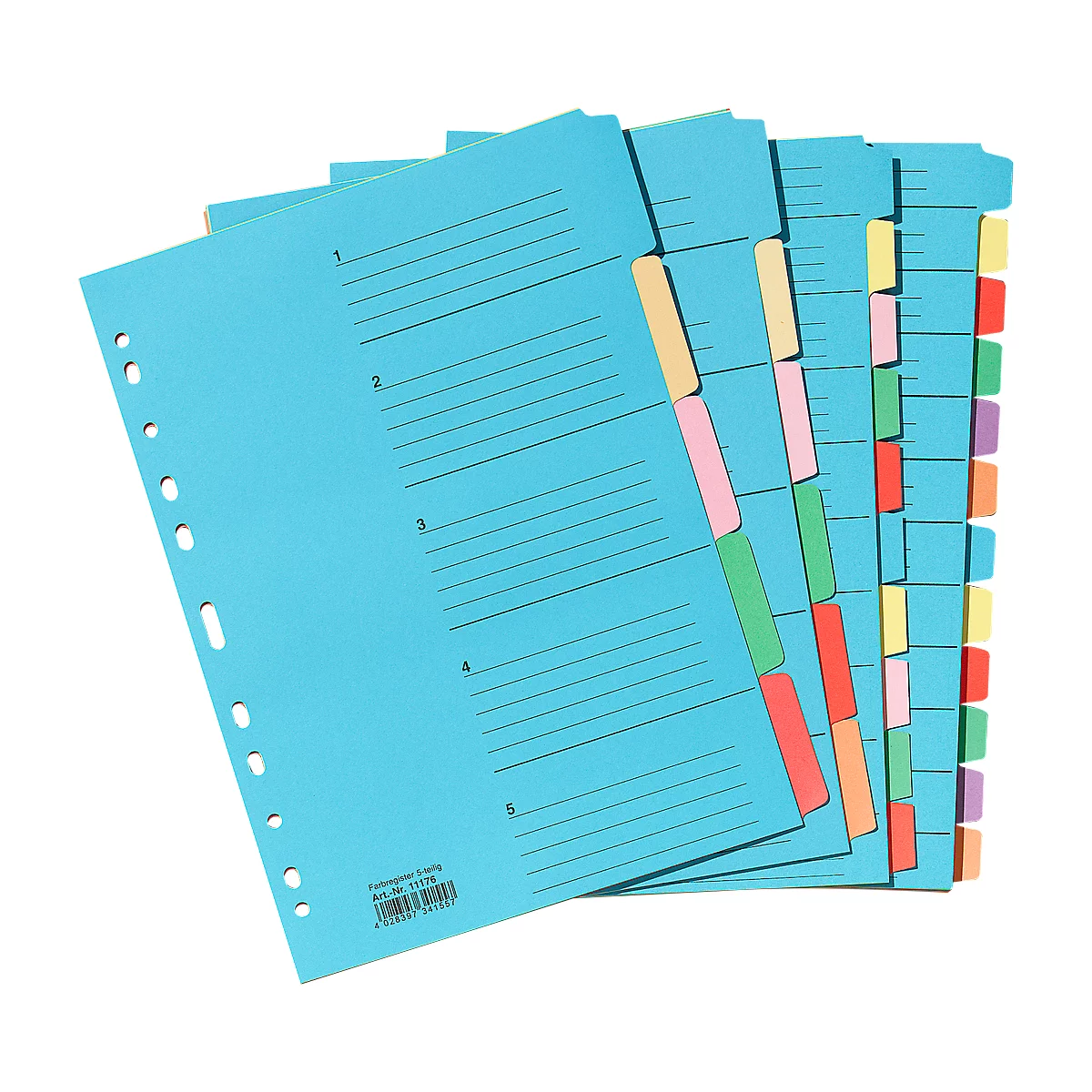 Light blue file folders with colored tabs. Several cards lie overlapping each other, with labeled areas and perforation on the edge.