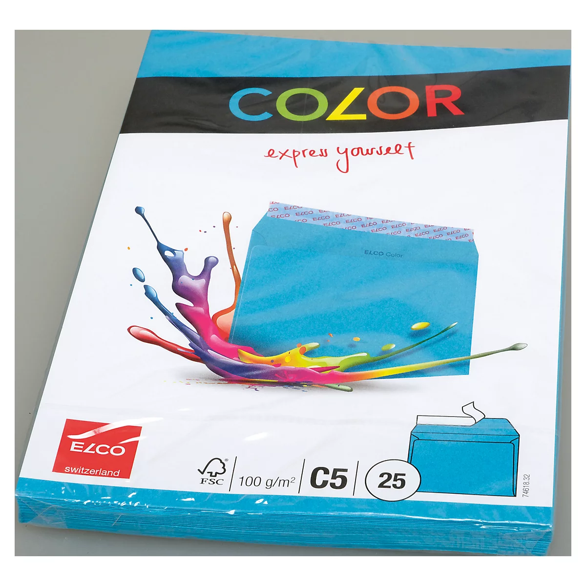 Blue envelope with colorful paint splashes and the words COLOR express yourself.