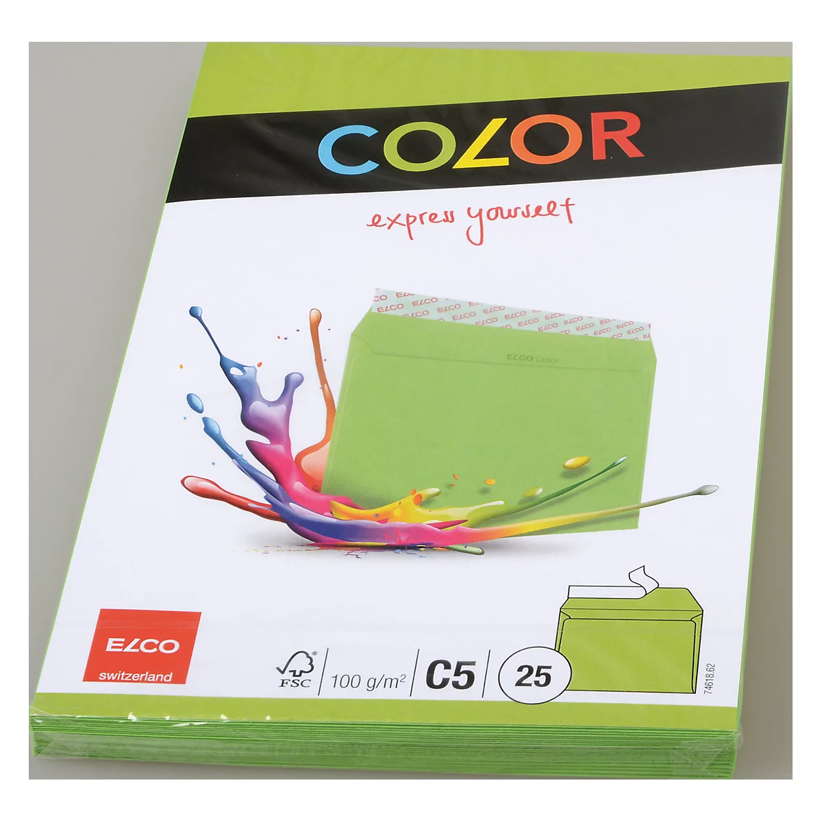 A stack of green envelopes with a green envelope on the front and colorful paint splashes.