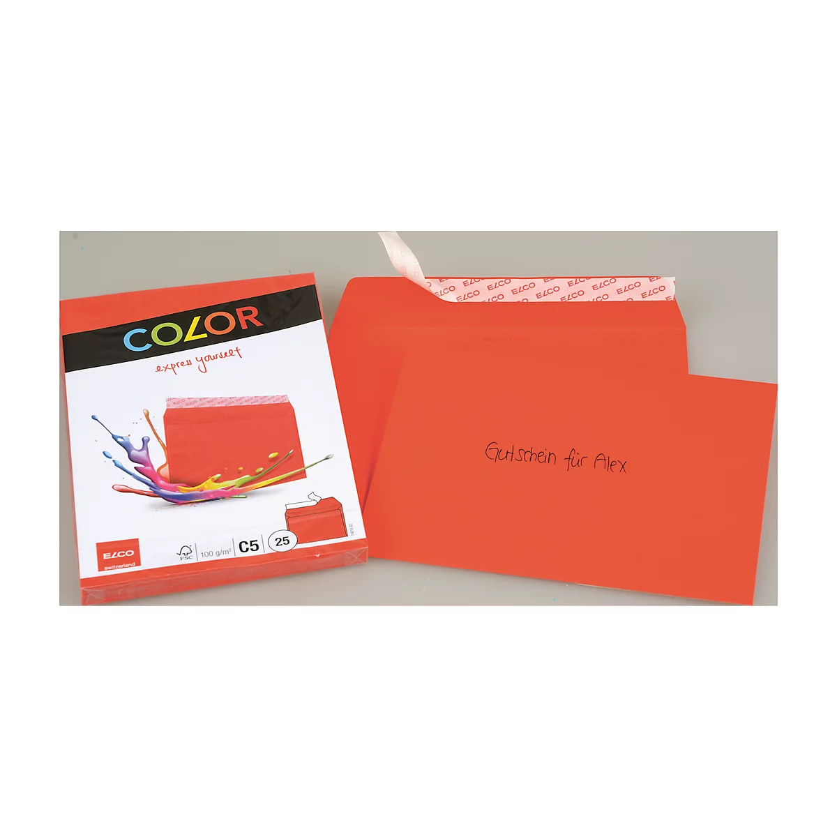 Red paper set with envelopes. Label: 'COLOR'. Inscription: 'Equishen für Arch'.