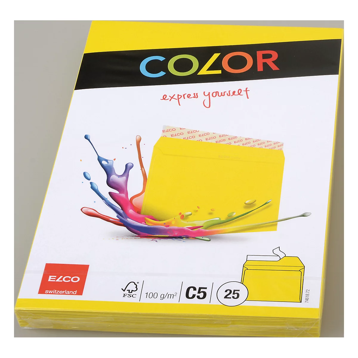 Yellow paper pack with print. Splashes of color and "COLOR express yourself" lettering.