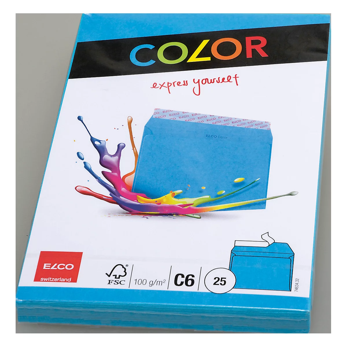 A blue paper bundle, printed at the top with 'COLOR express yourself'. A splash of color next to it, below a blue envelope illustration.
