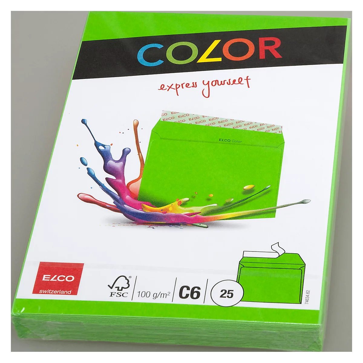 Green stationery package with colorful paint splashes and text: COLOR, express yourself.