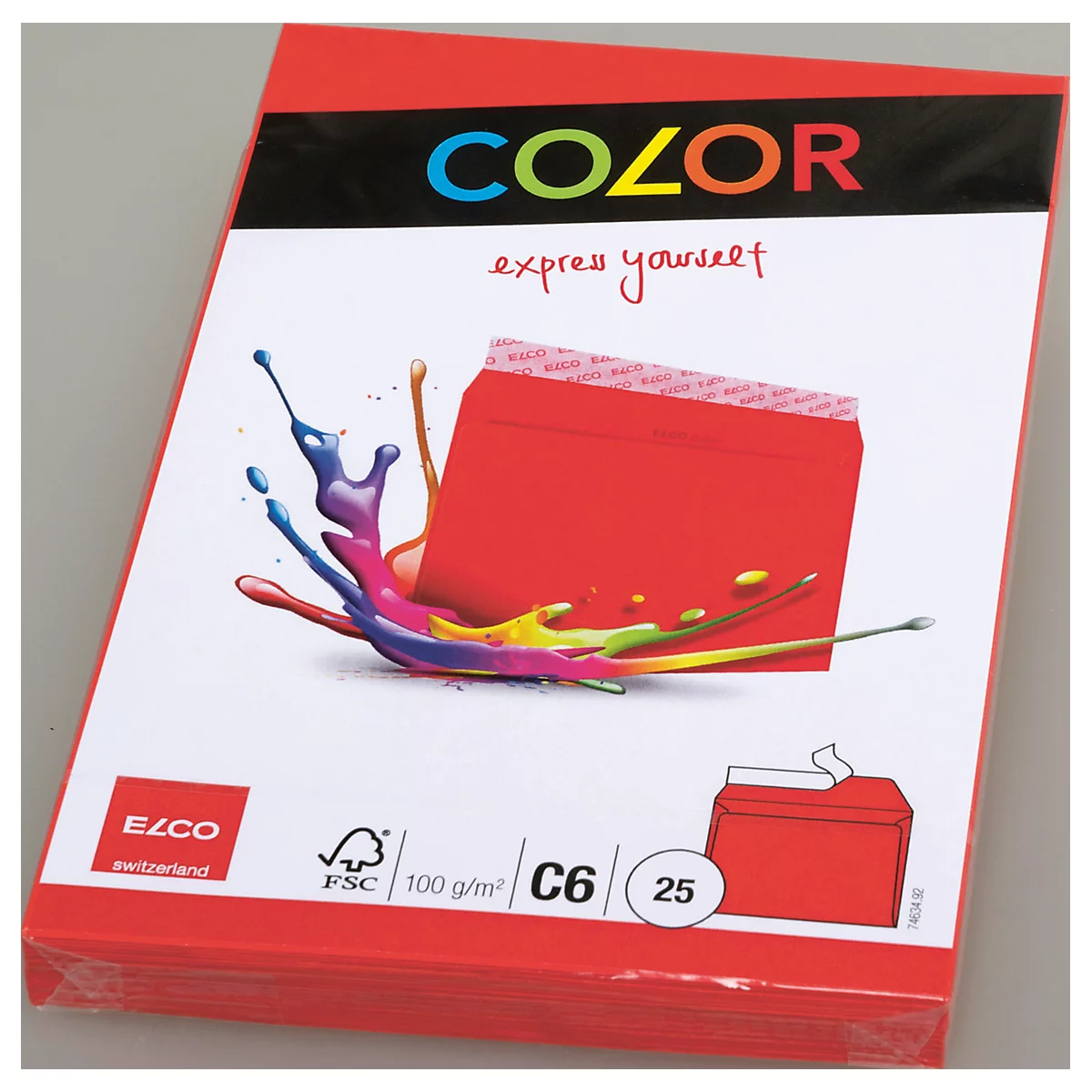 Red paper package with colorful paint splashes, a red C6 envelope and lettering like "COLOR" and "express yourself".