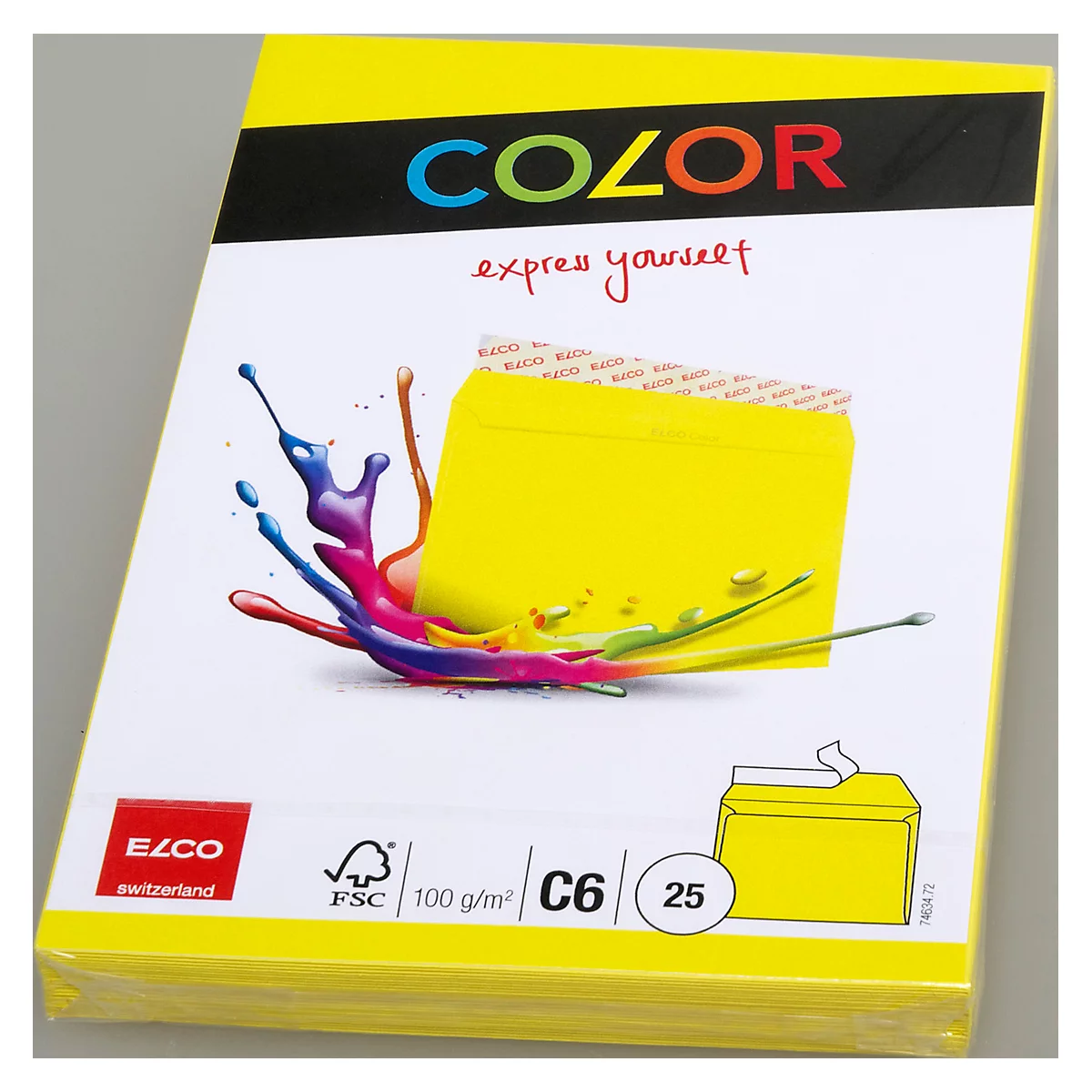 Yellow envelopes, packaged. Inscription COLOR. Splashes of color and a yellow envelope illustration.