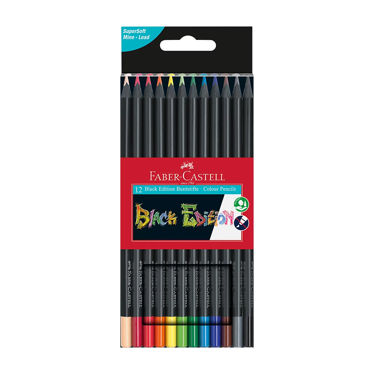 Package of 12 Faber-Castell colored pencils. Black pencils with colored leads. Inscription 'Black Edition'.