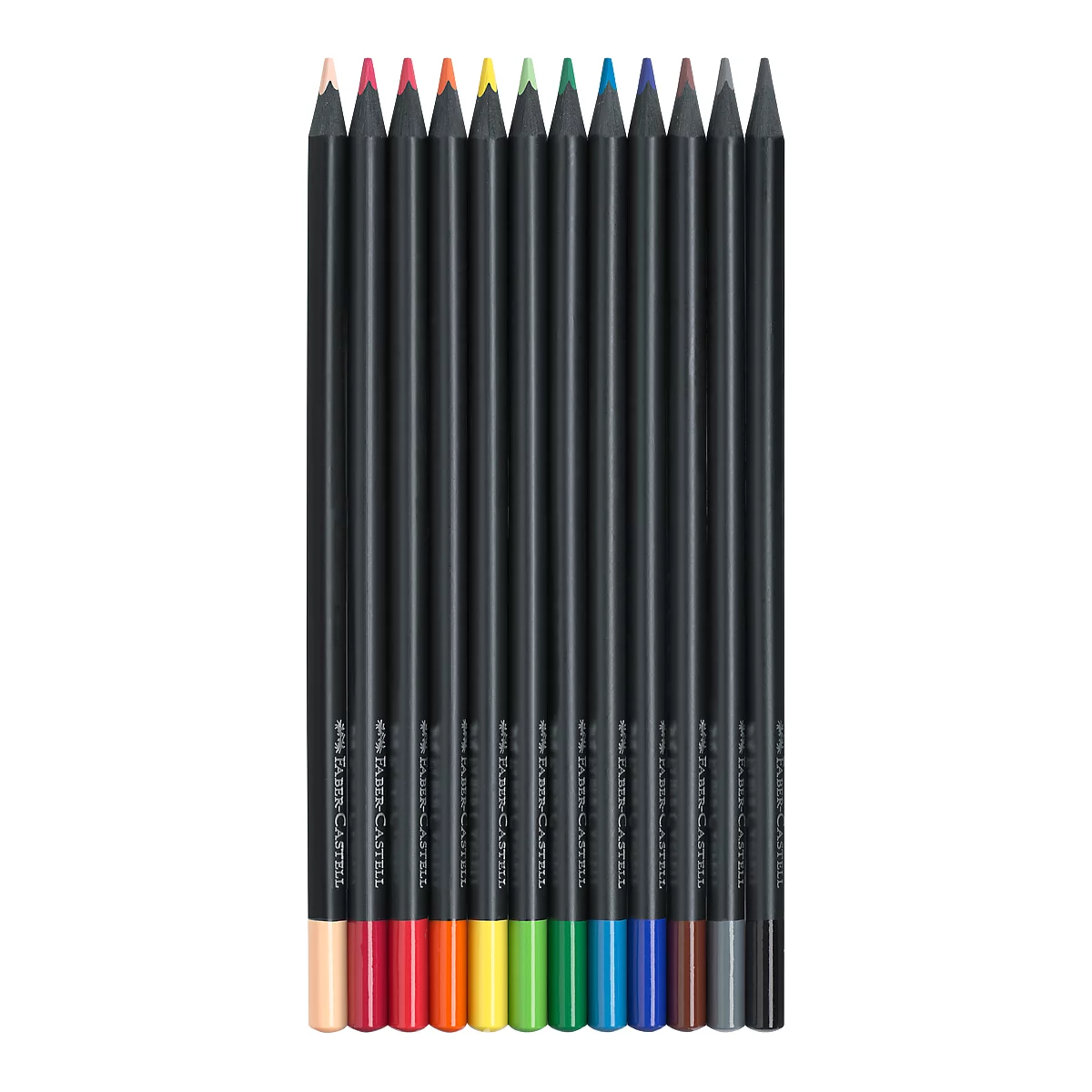 A dozen colored pencils with black barrels, lined up side by side.