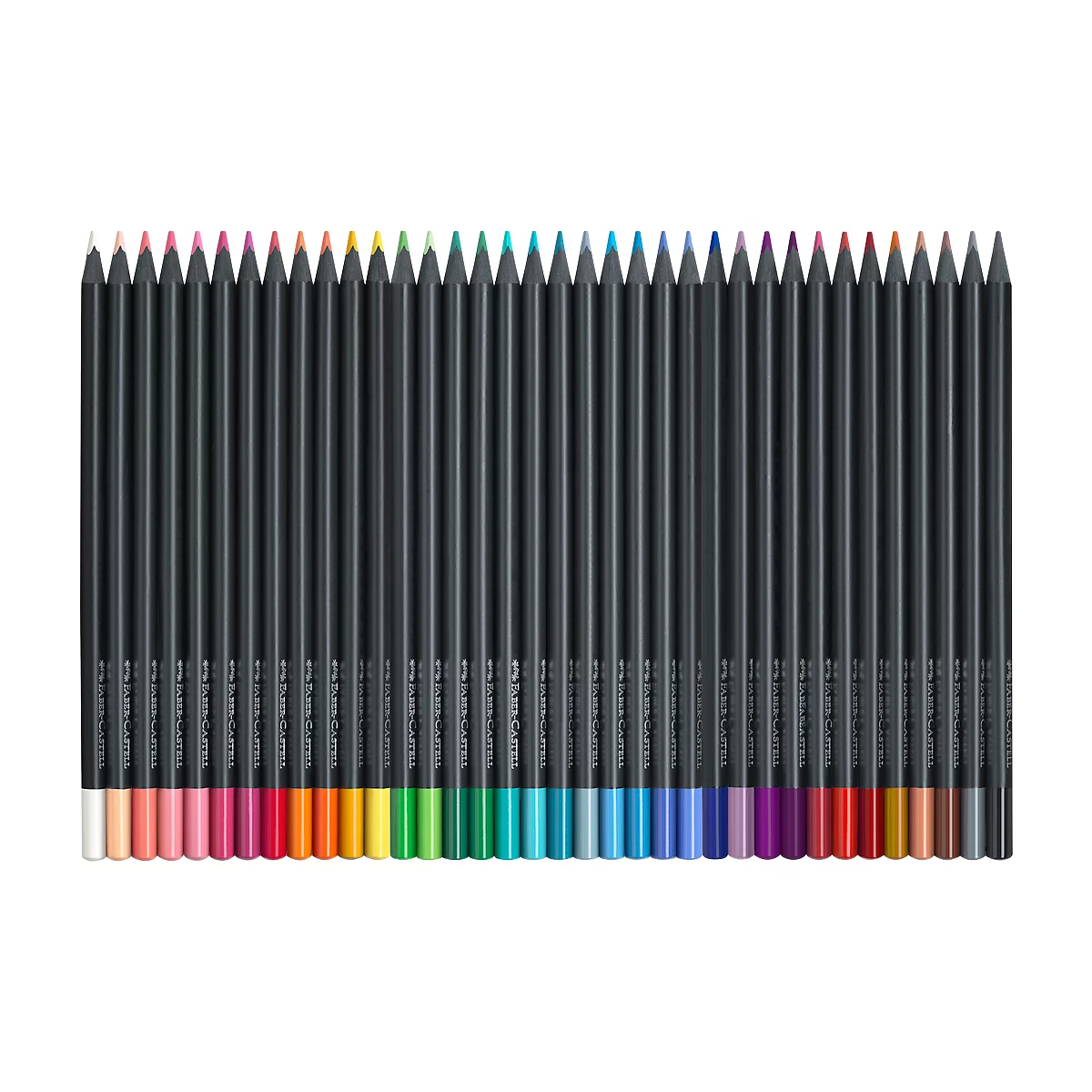 Row of colored pencils with black barrels and colored tips, forming a rainbow.