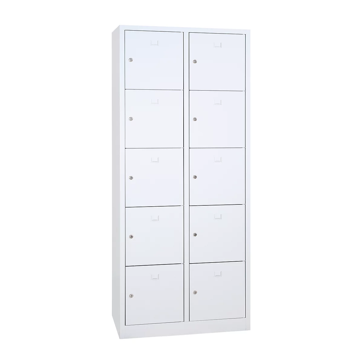 Taquilla blanca con diez puertas. Cada puerta tiene un asa y una cerradura.
