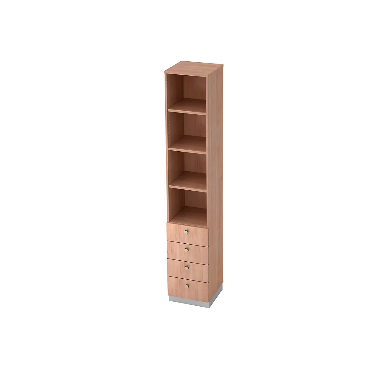 Combi-boekenkast 3 legborden + 4 laden, spaanplaat, B 400 x D 420 x H 2200 mm, notenhoutdecor
