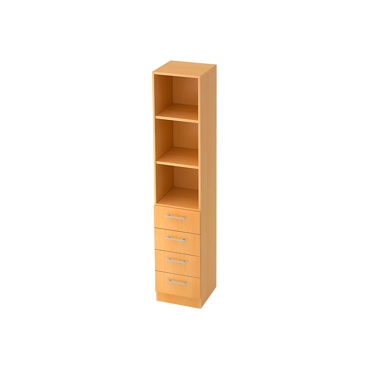 Combi-boekenkast, 5 OH, 3 open vakken + 4 laden, B 406 x D 420 x H 2004 mm, beukendecor