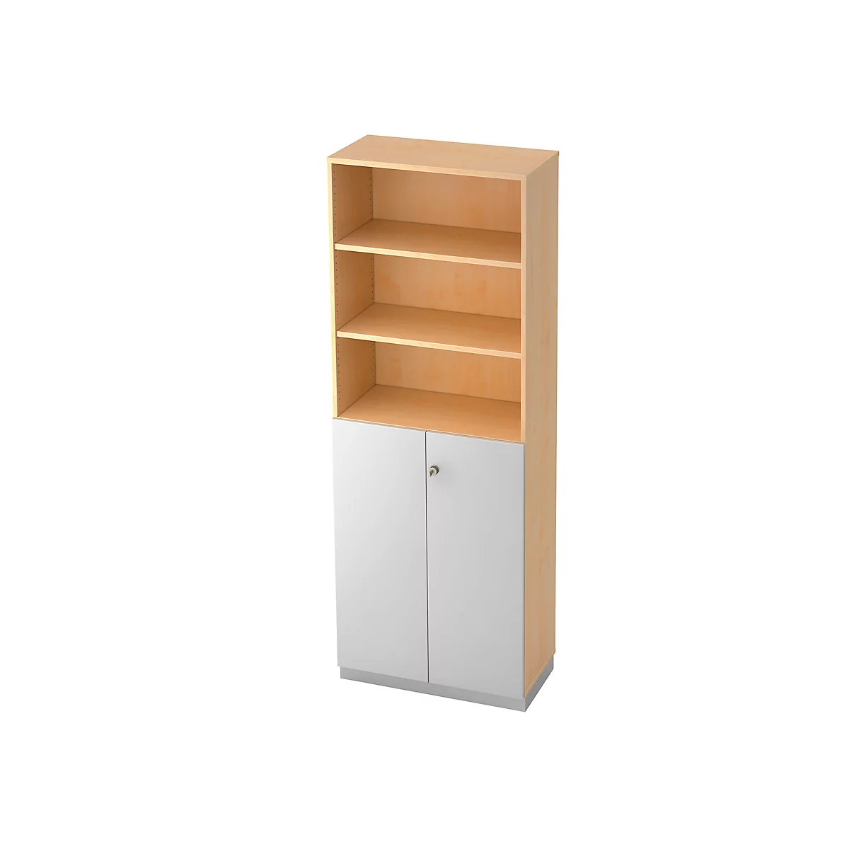 Combi-boekenkast, 6 OH, 3 open vakken + 2 afsluitbare deuren, B 800 x D 420 x 2210 mm, ahorndecor/zilver