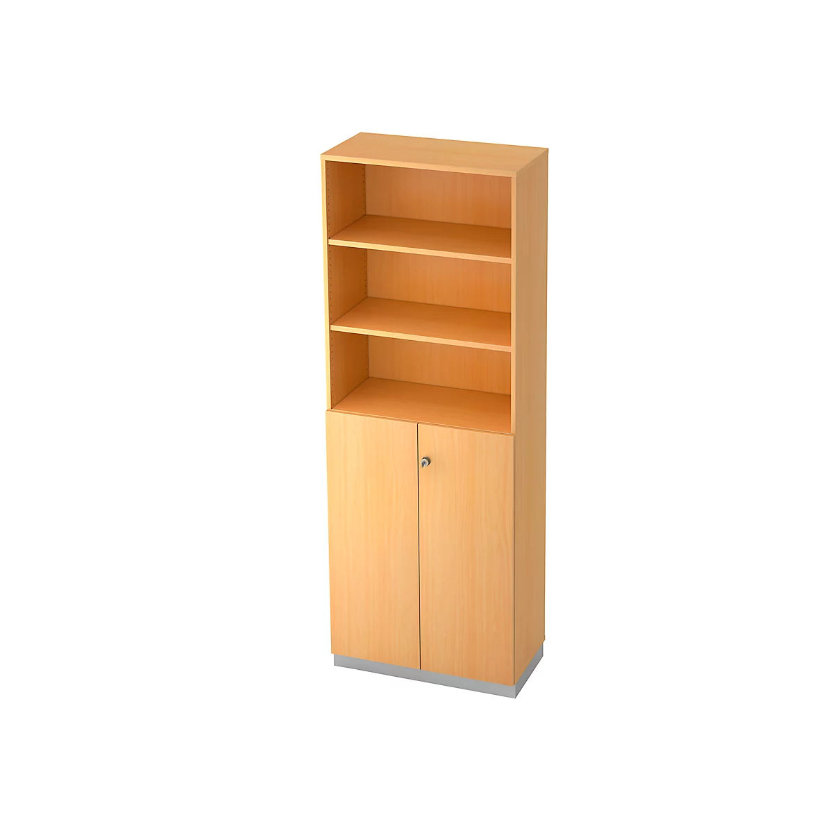 Combi-boekenkast, 6 OH, 3 open vakken + 2 afsluitbare deuren, B 800 x D 420 x 2210 mm, beukendecor